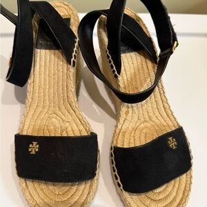 Tory Burch Black and Tan Espadrille Sandals